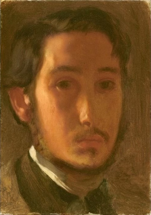 A close-up oil painting of a young man with dark hair and a light mustache, rendered in muted brown tones.
