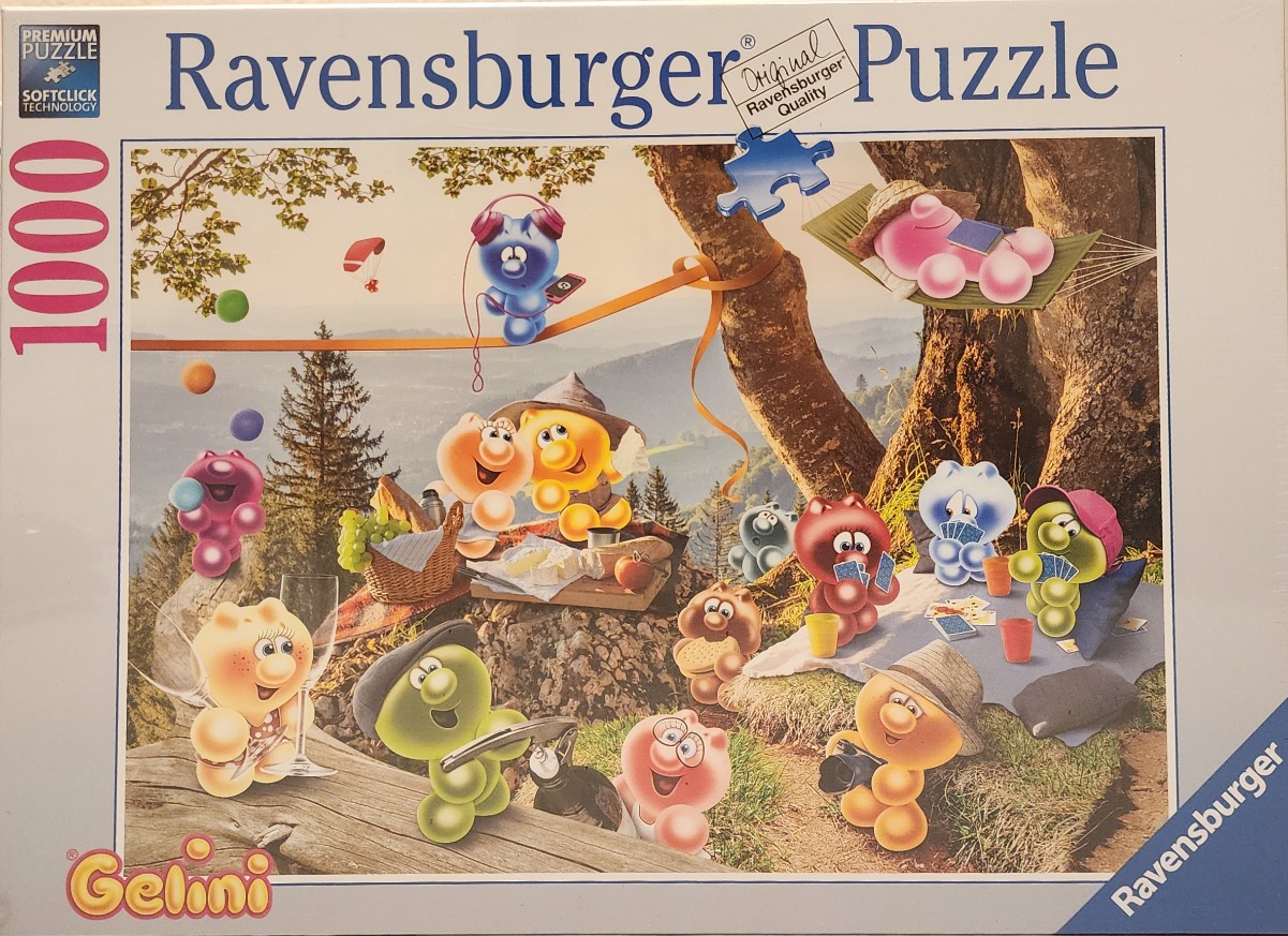 Cartoonish, colorful, translucent gummy bear-like characters enjoying a sunny picnic in a mountain forest.