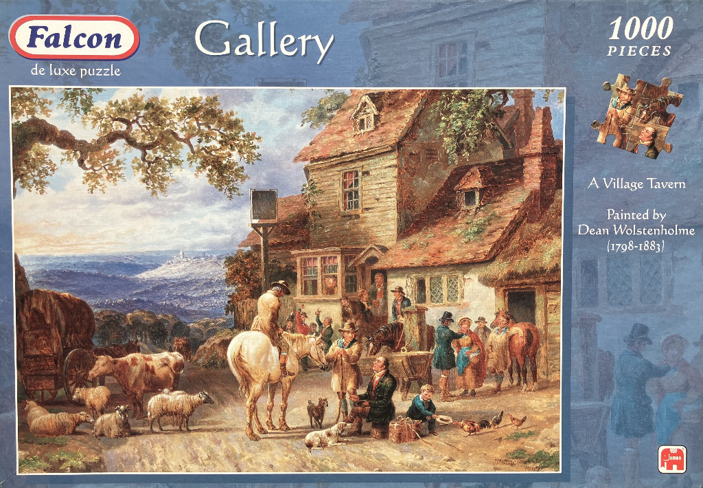 An oil painting of a 19th-century English village tavern with villagers, livestock, and horses.