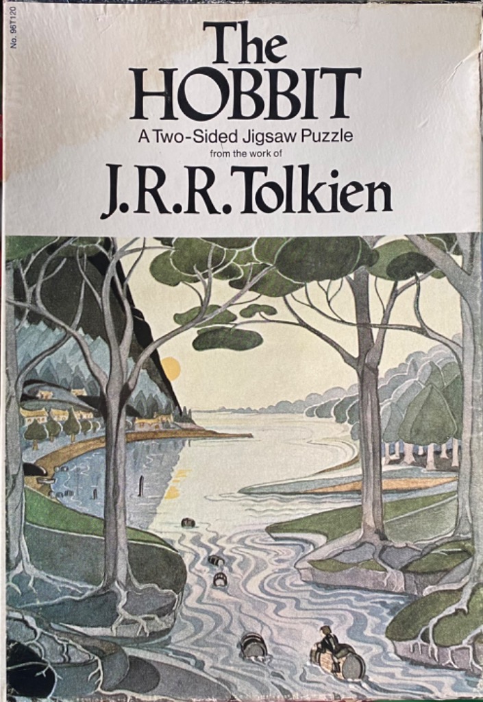 Art Nouveau style illustration of a river scene from The Hobbit with barrels floating downstream.