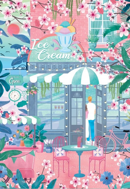 An outdoor ice cream shop scene filled with pink cherry blossoms and pastel colors.