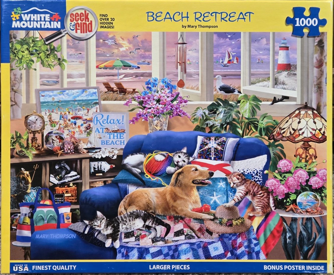 A cozy interior room scene with a golden retriever, three kittens, and a window view of a beach at sunset.