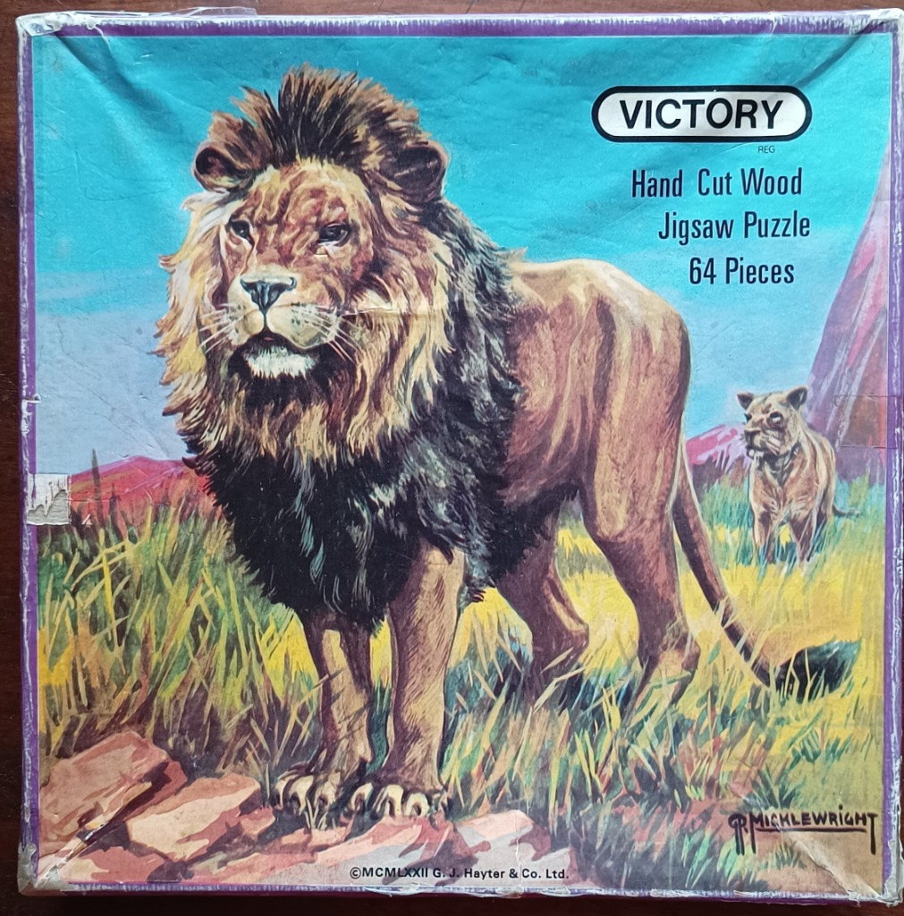 Vintage illustration of a male lion standing in a savannah with a lioness in the background.