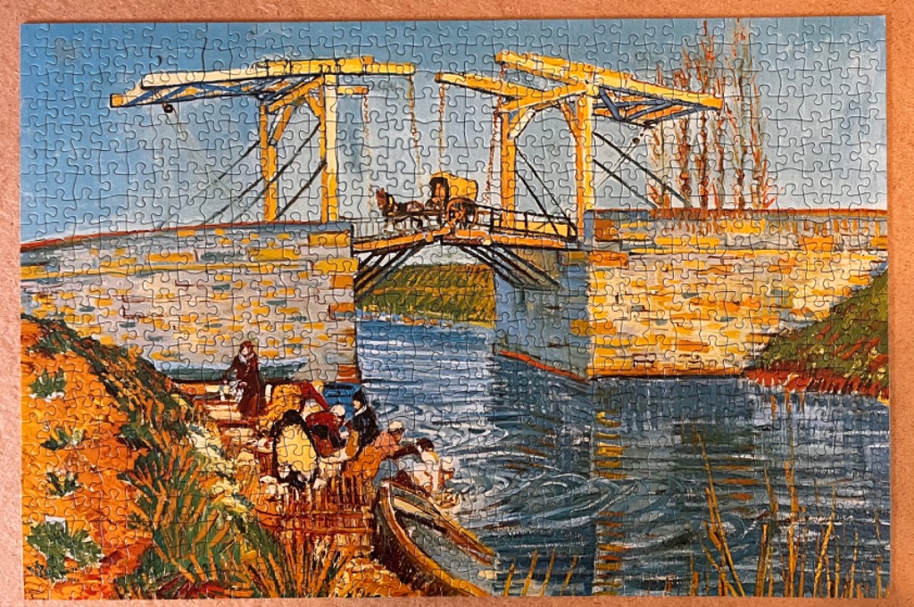 A post-impressionist oil painting of a wooden drawbridge over a canal with figures washing laundry at the water