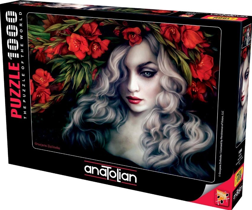 A digital painting of a woman with long wavy silver hair crowned by vibrant red flowers against a dark background.
