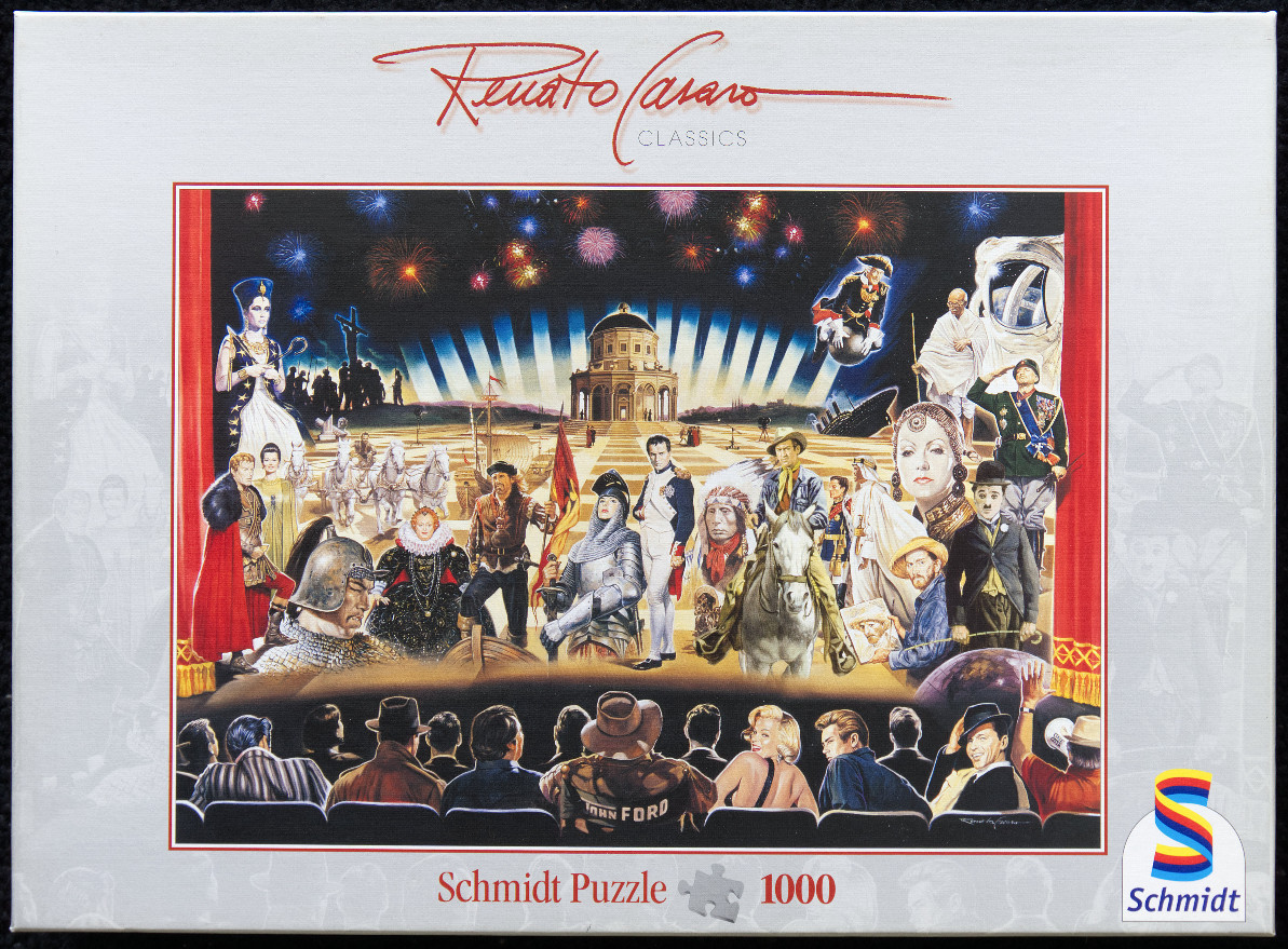 A cinematic montage painting featuring famous historical figures and movie icons on a stage under fireworks.