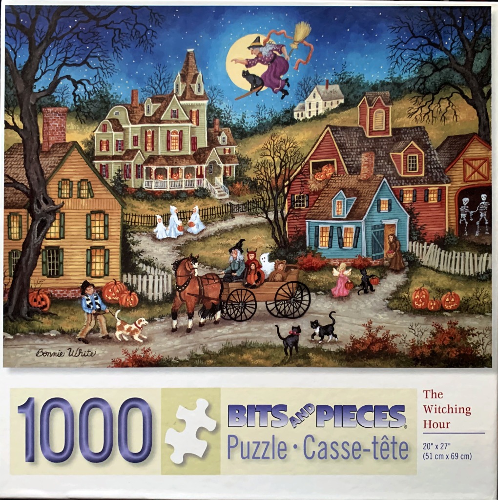 A folk-art style Halloween scene at night featuring a witch flying over a small town with trick-or-treaters.