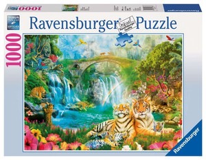 A lush jungle scene featuring tigers resting near a waterfall, an arched stone bridge, and ancient stone carvings.