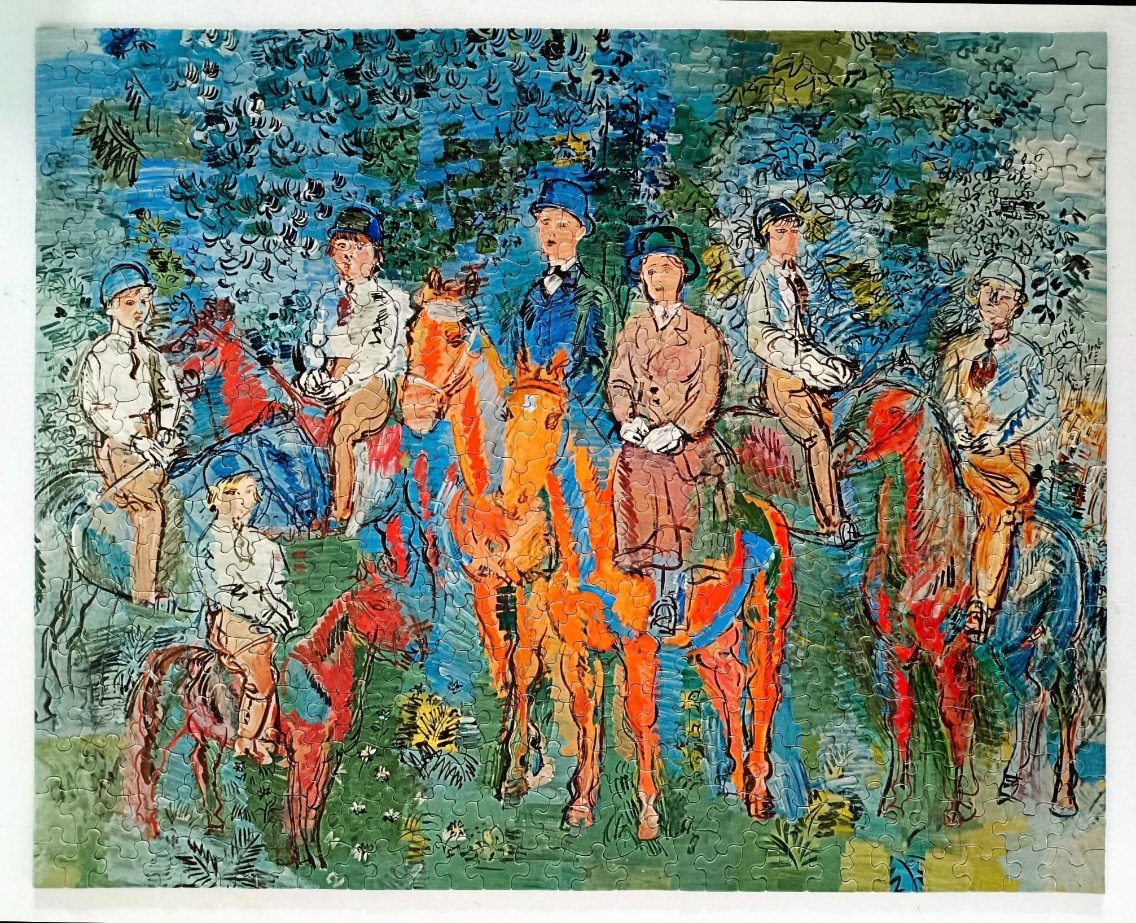 Painting of a group of six equestrians in a wooded setting