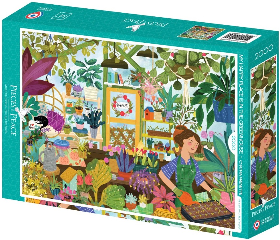 An illustration of a woman gardening inside a bright, plant-filled greenhouse.