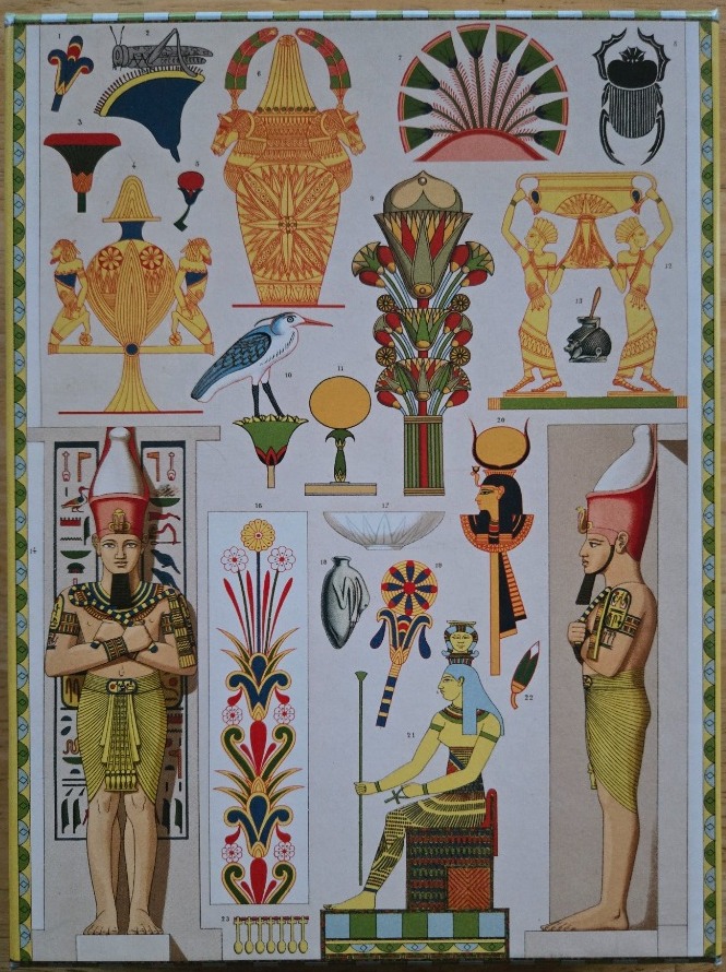 A collection of historical Ancient Egyptian illustrations, including figures, artifacts, and botanical motifs.