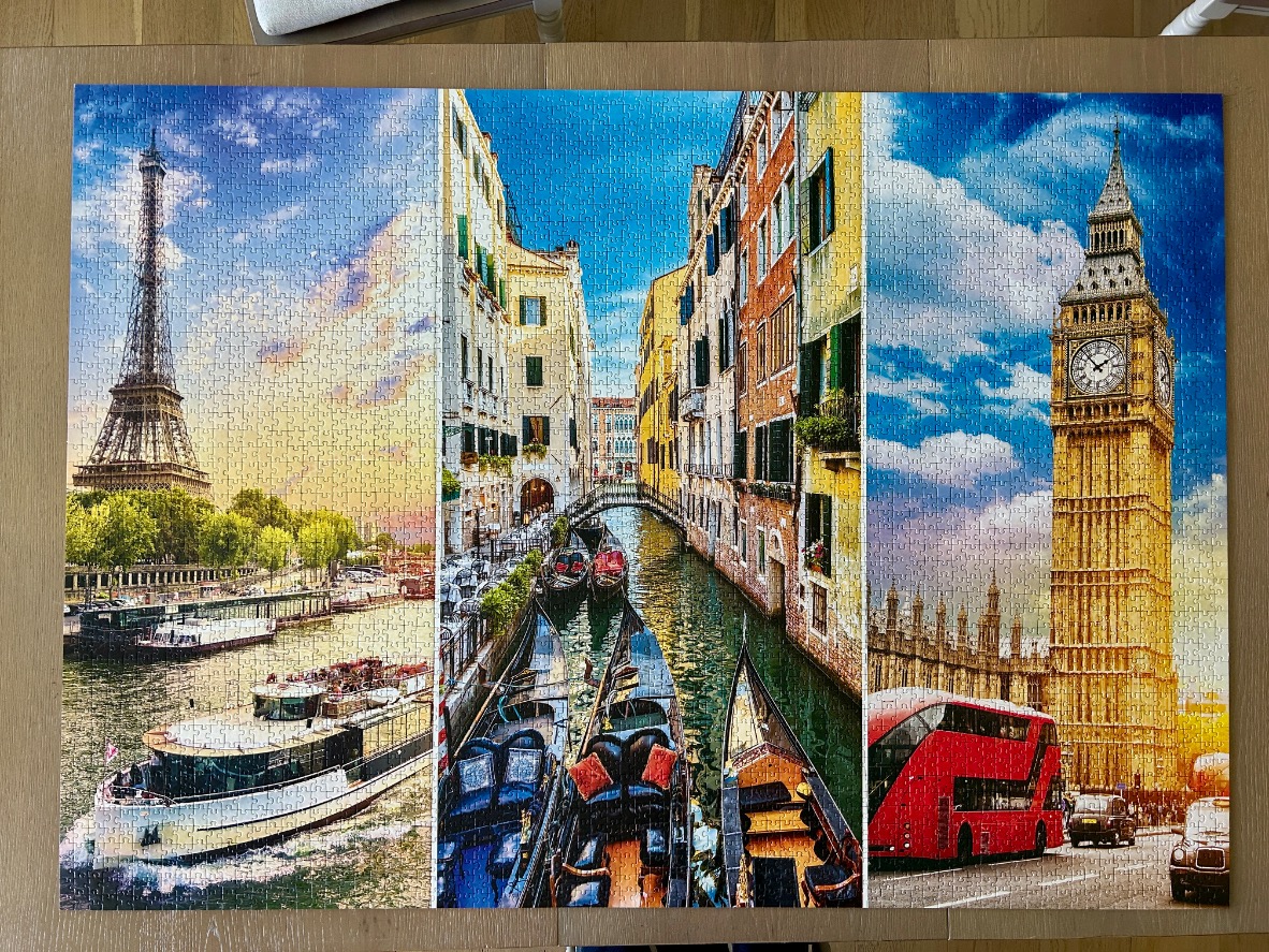 A triptych of European landmarks featuring the Eiffel Tower, a Venetian canal, and Big Ben.