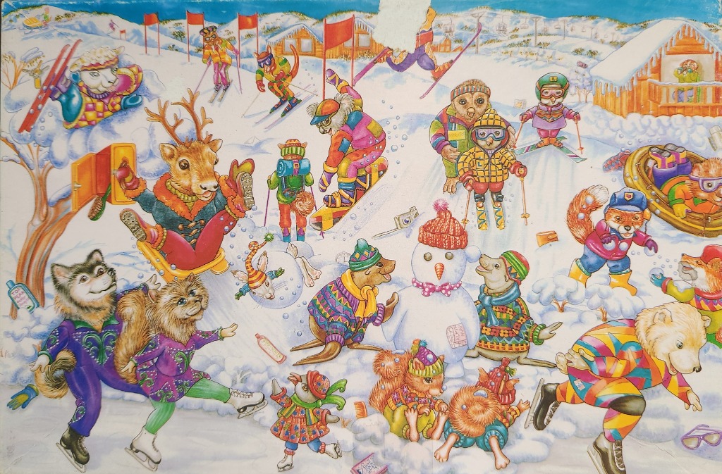 A colorful, whimsical illustration of various anthropomorphic animals enjoying winter sports in a snowy mountain resort.