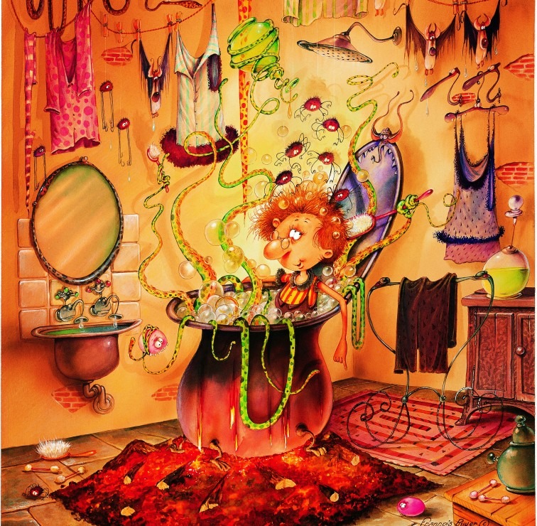 A whimsical illustration of a red-haired woman bathing in a large black cauldron amidst a chaotic, magical bathroom.