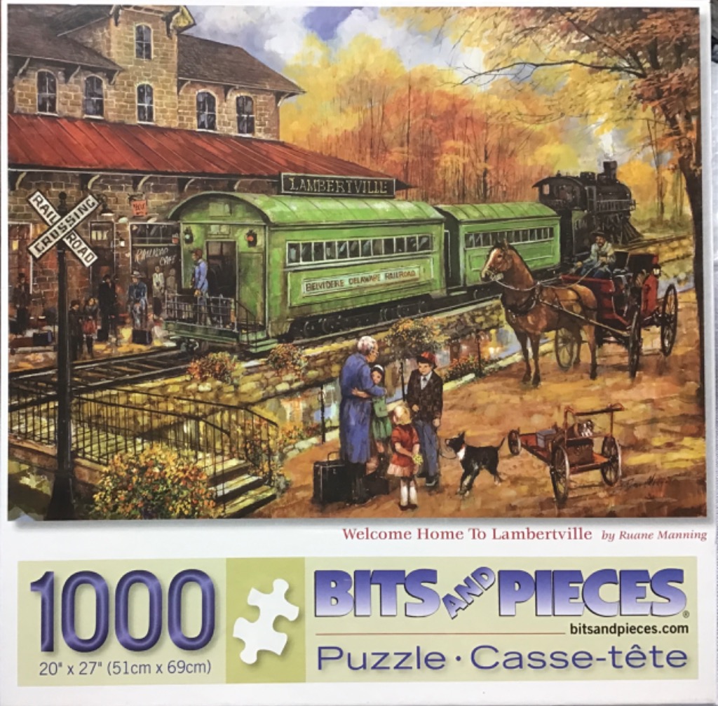 A nostalgic painting of a vintage train station in Lambertville during autumn with passengers and a horse-drawn carriage.