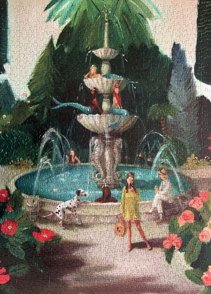 Illustration of mermaids in a tiered fountain with people and a dog in a lush garden