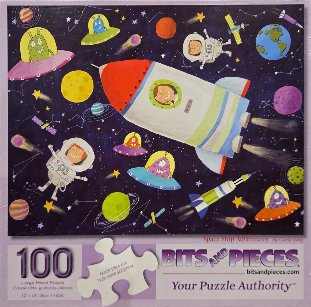 Cartoon illustration of space with a rocket ship, aliens in flying saucers, and astronauts floating among stars and planets
