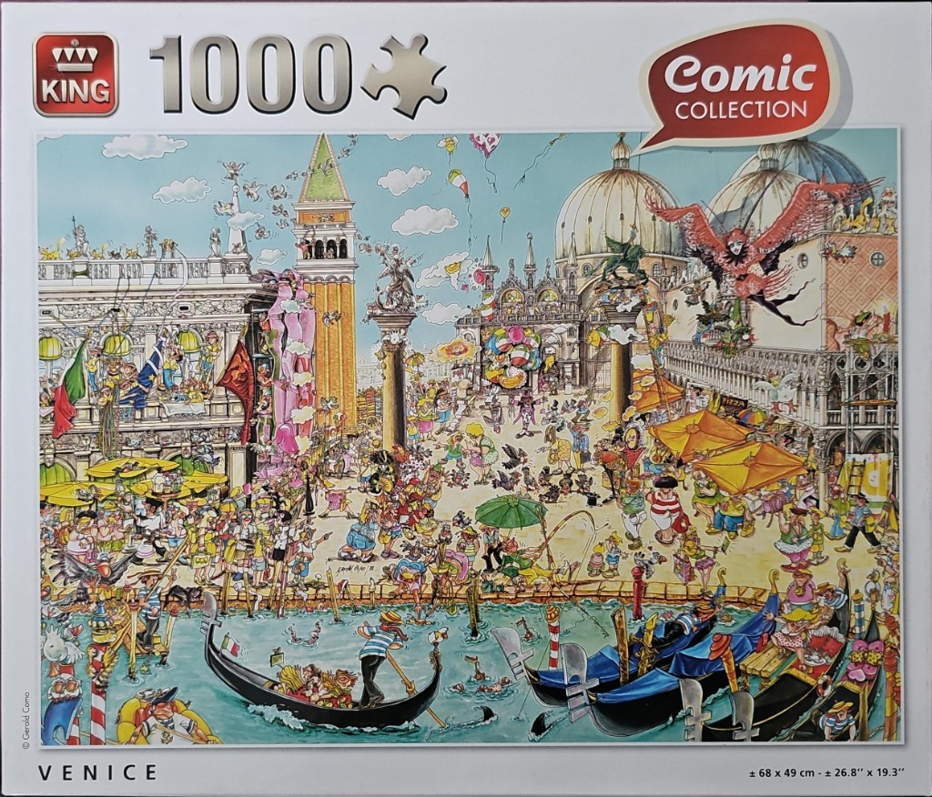 Cartoon illustration of a busy, chaotic day in Venice with gondolas, St. Mark