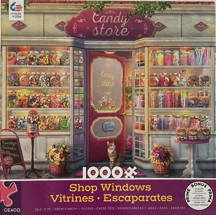 A nostalgic candy store storefront filled with glass jars of colorful sweets, with a tabby cat sitting in the doorway.