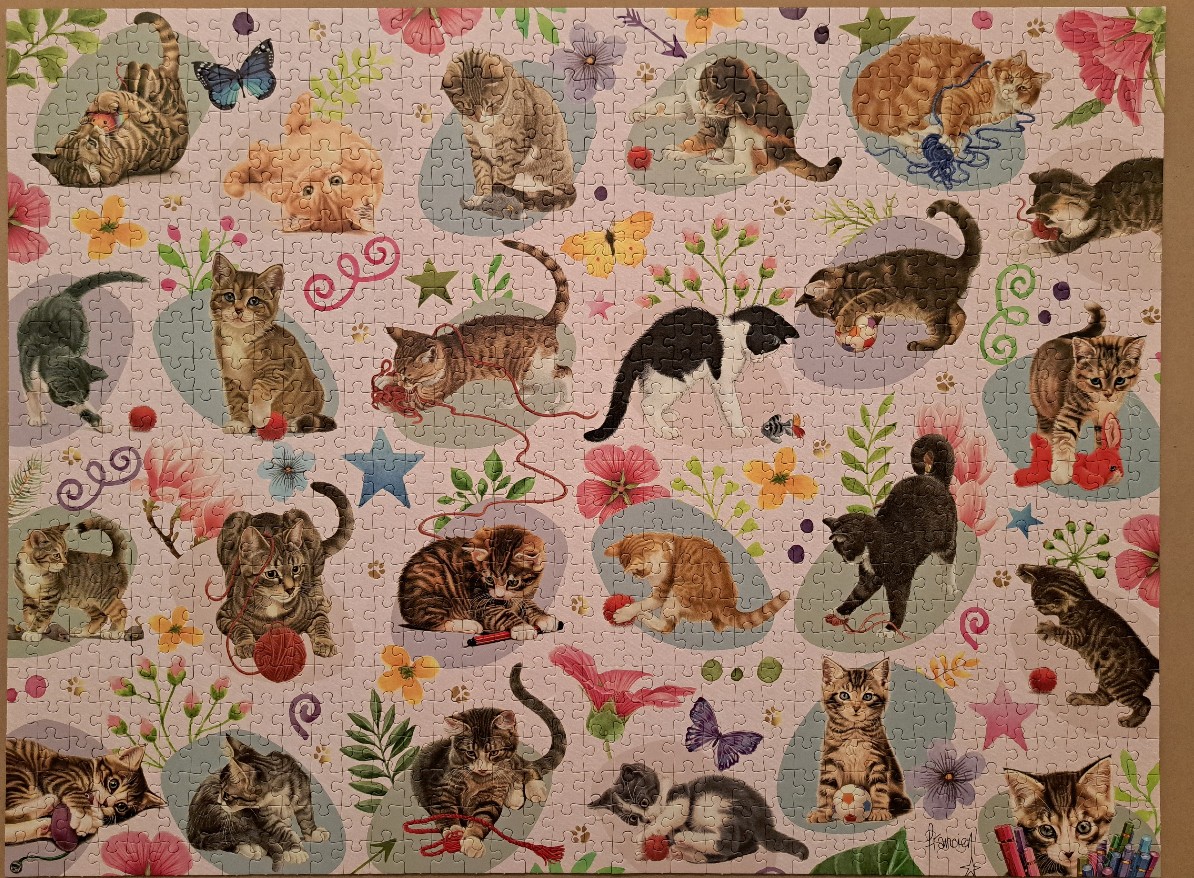 A collage of various kittens playing with yarn, balls, and toys on a pale pink background with flowers and butterflies.