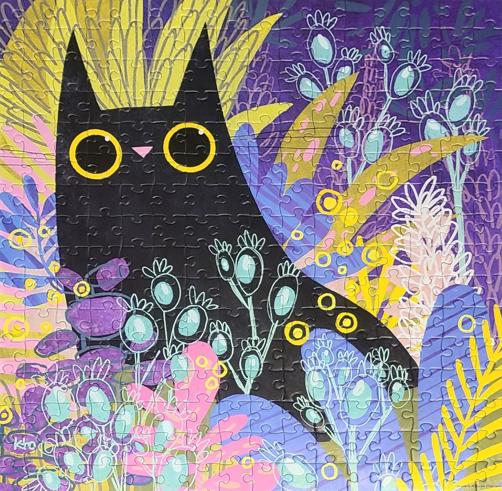 Illustration of a stylized black cat with wide yellow eyes sitting in a vibrant garden of blue and yellow flora.
