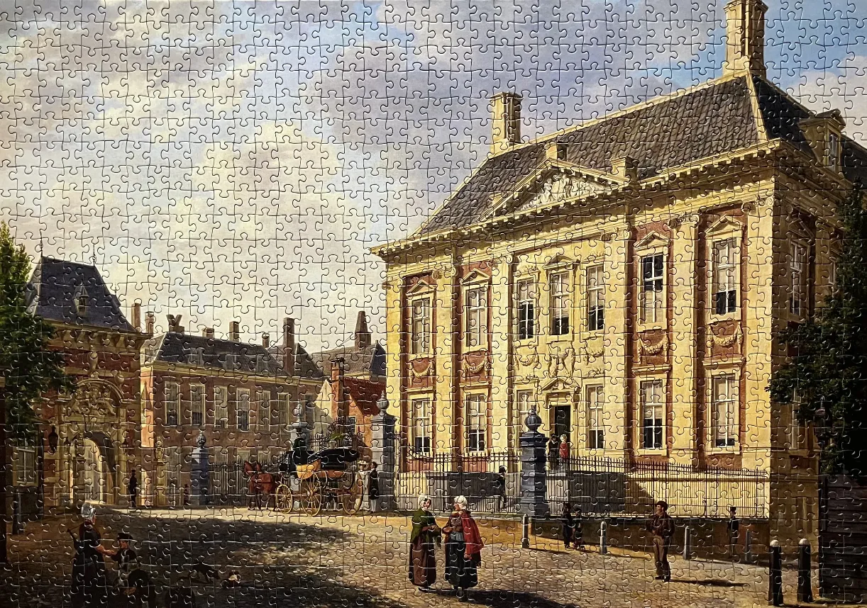 A detailed 18th-century style painting of a Dutch mansion and street scene.