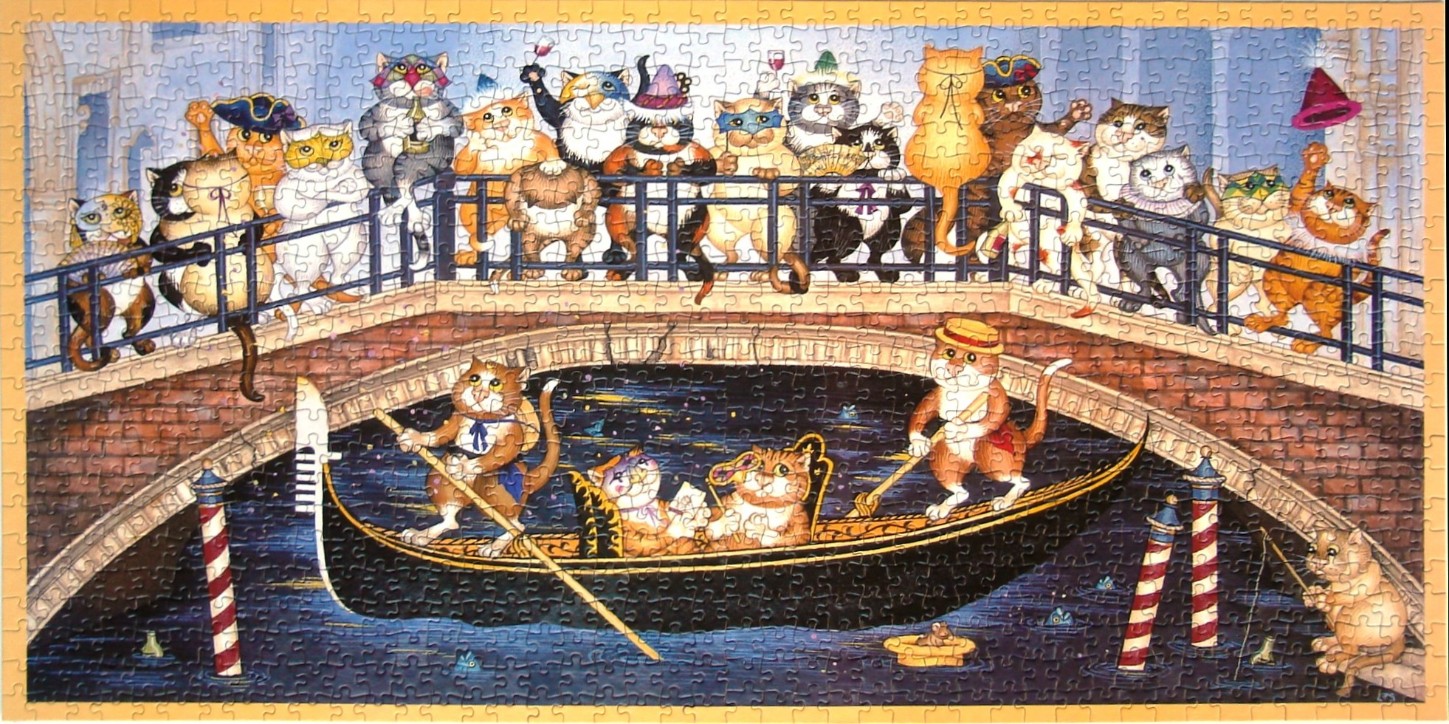 An illustration of anthropomorphic cats in a gondola on a canal, with many more cats observing from a bridge above.