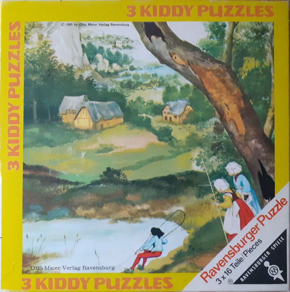 A nostalgic painting of children fishing by a pond in a rural countryside setting with cottages.