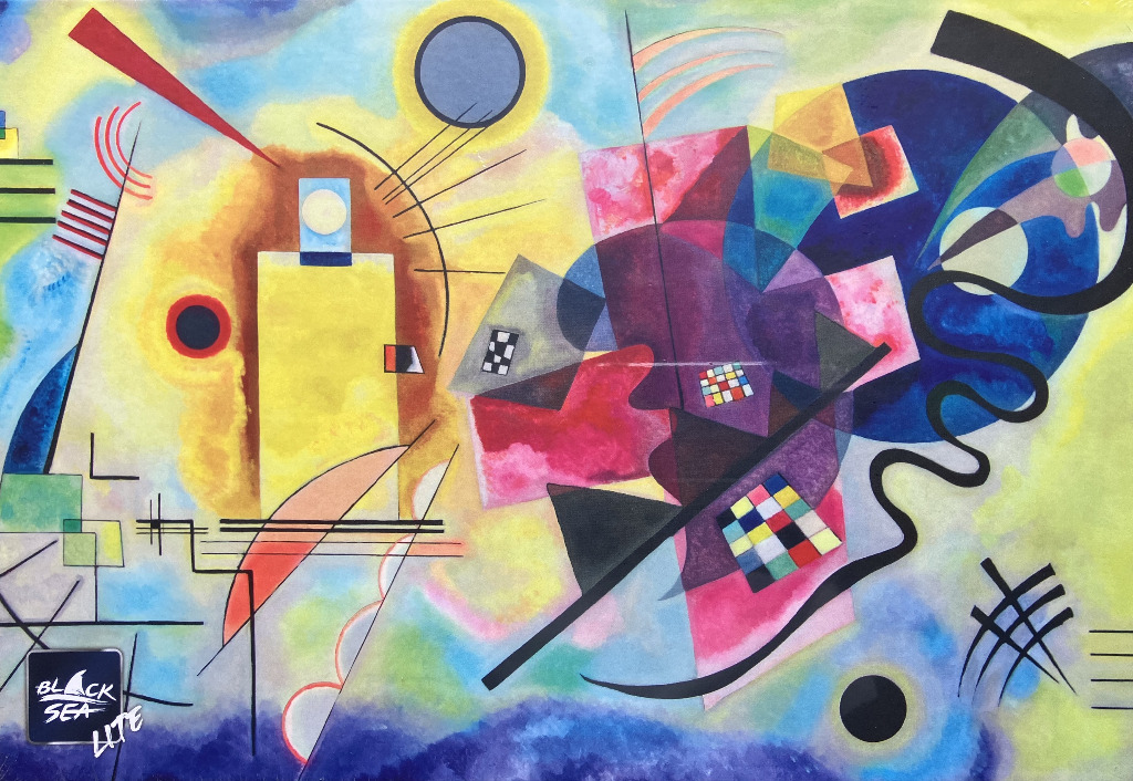 Abstract painting with geometric shapes, lines, and vibrant, blended watercolor washes.