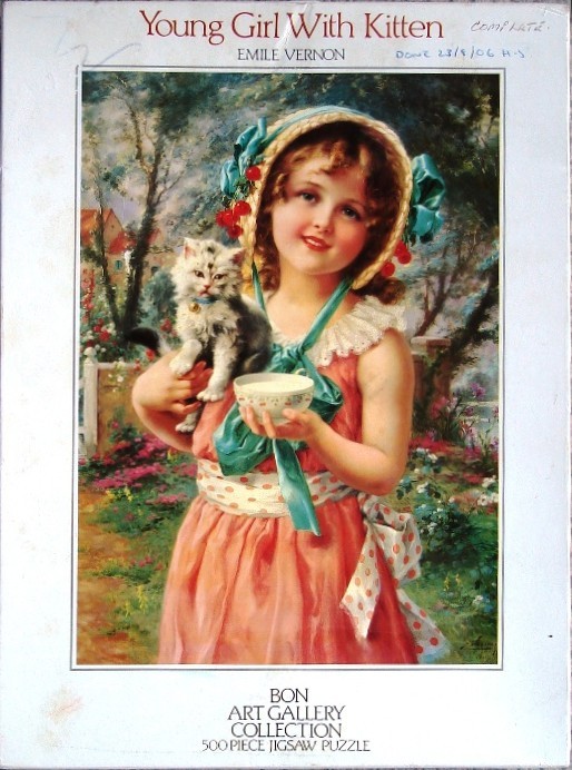 An oil painting of a young girl in a straw bonnet holding a kitten and a small bowl of milk in a garden.