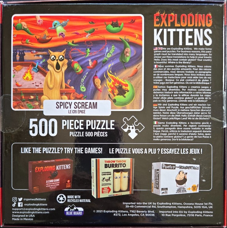 Illustration of a panicked cat surrounded by flying chili peppers and kittens against a fiery, swirling background.