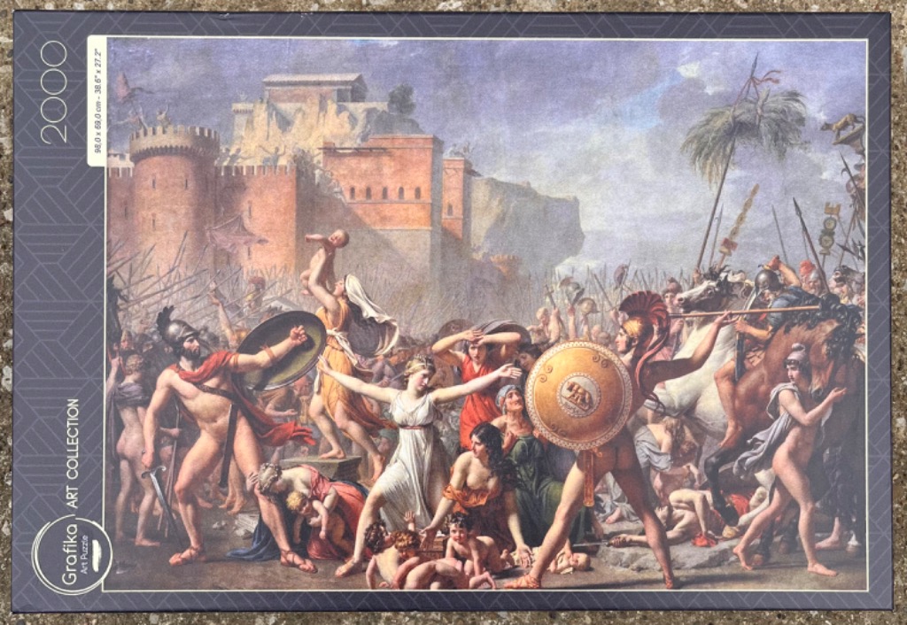 Jacques-Louis David painting of the Intervention of the Sabine Women, showing warriors, women, and children in battle.