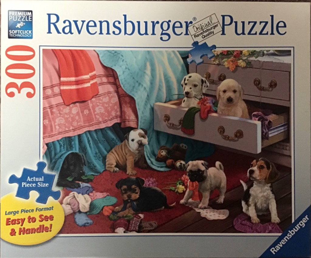 Illustration of seven assorted puppies playing in a bedroom with an open dresser drawer