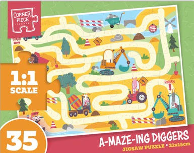 Illustrated maze featuring construction equipment and animals on a yellow landscape.