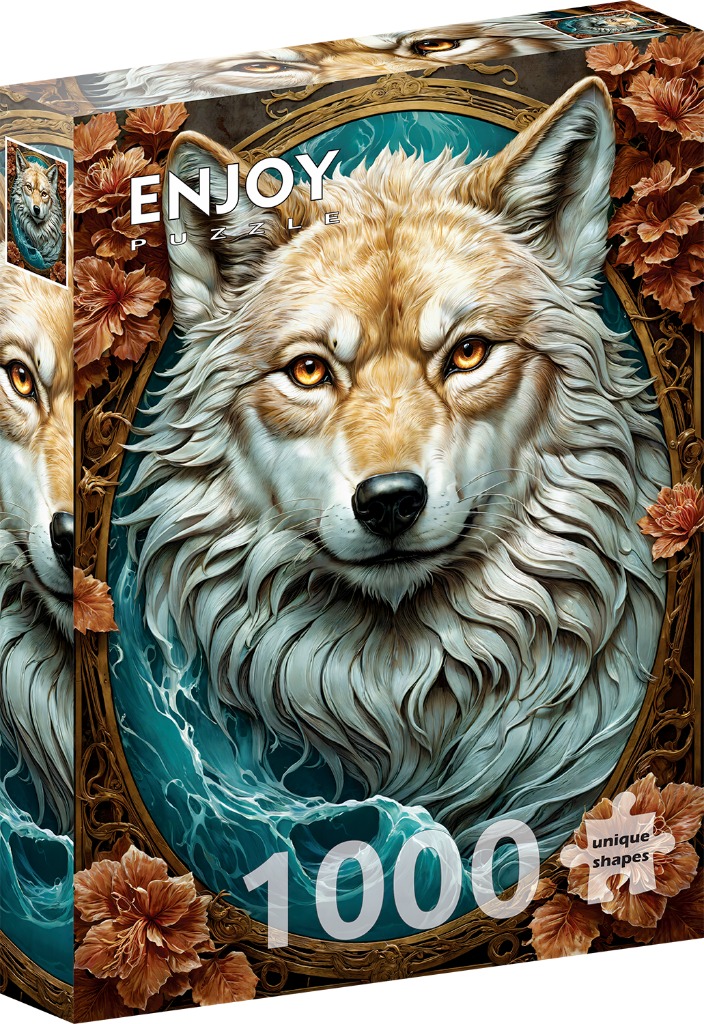 Portrait of a wolf framed by teal water and autumnal flowers