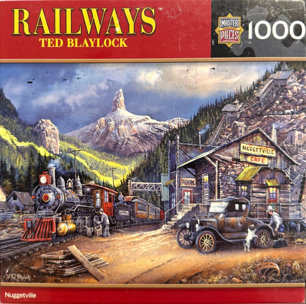 A nostalgic painting of a steam train at a mountain town depot with a vintage car in the foreground.