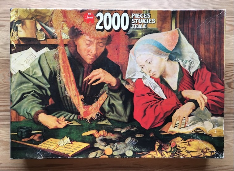 A Renaissance-style oil painting of a man and woman at a table counting coins and reviewing ledgers.