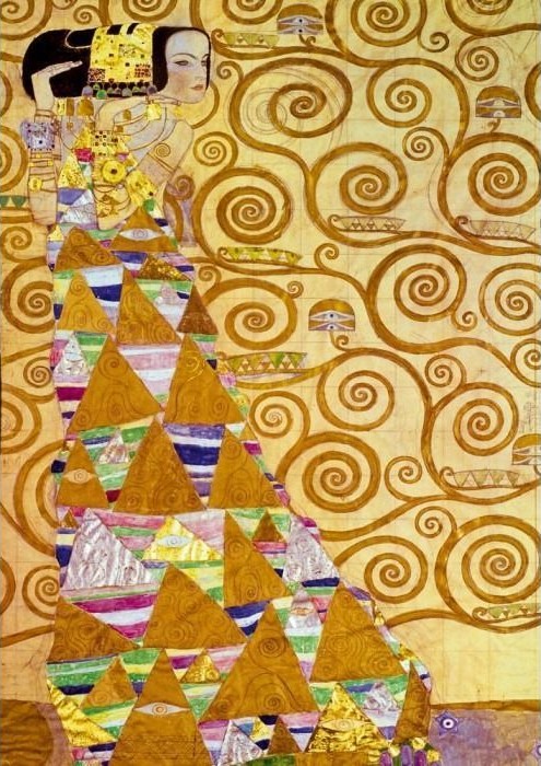 A woman in a decorative gown stands against a background of golden spirals and geometric patterns.