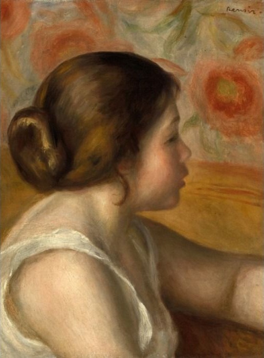 Oil painting of a young woman in profile against a floral background.