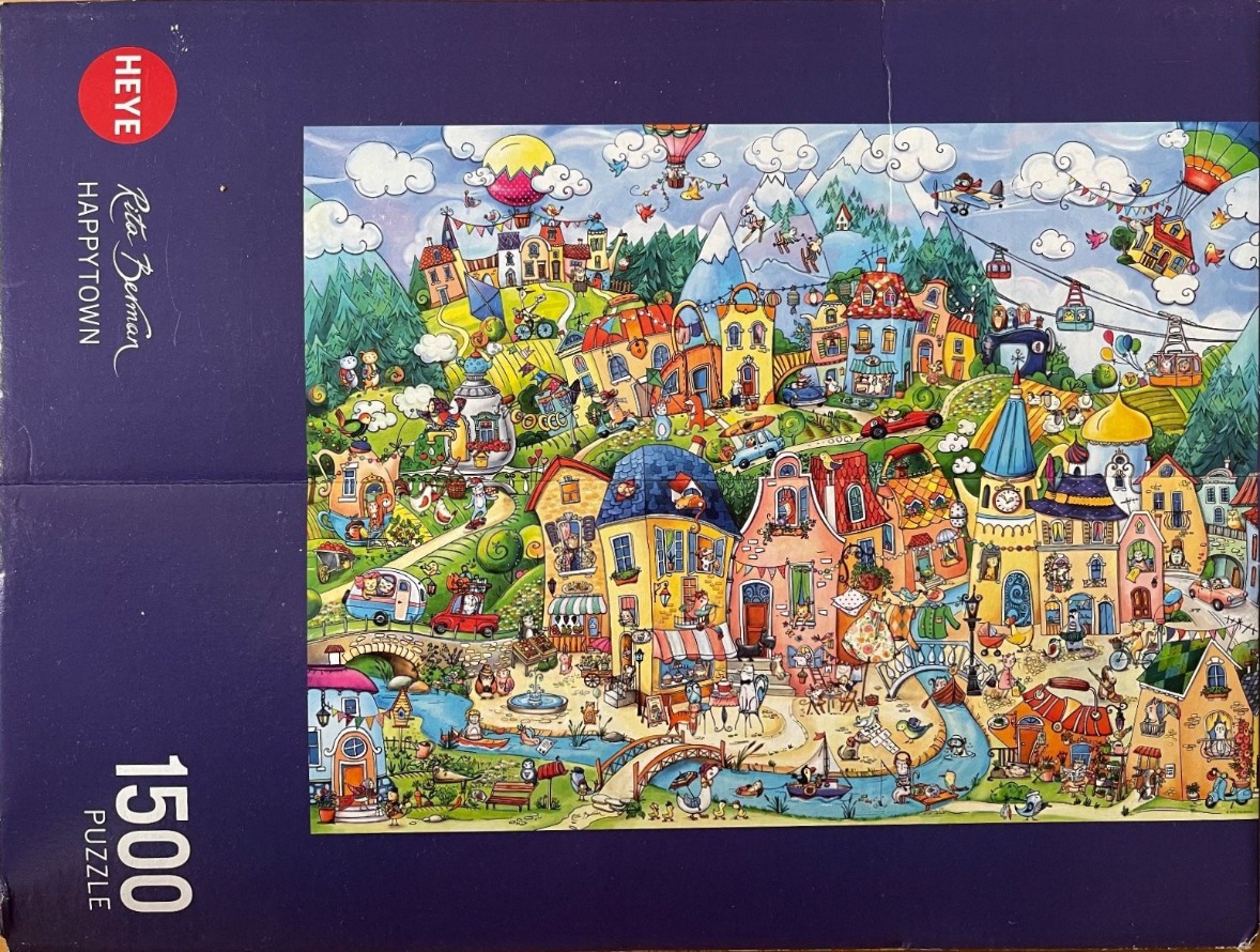 Whimsical, colorful cartoon illustration of a bustling town with quaint houses, mountains, and air balloons.