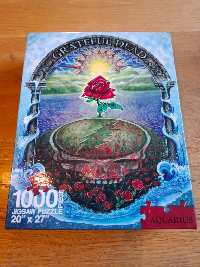 A psychedelic illustration featuring a rose atop a grassy skull mound framed by a stone archway.