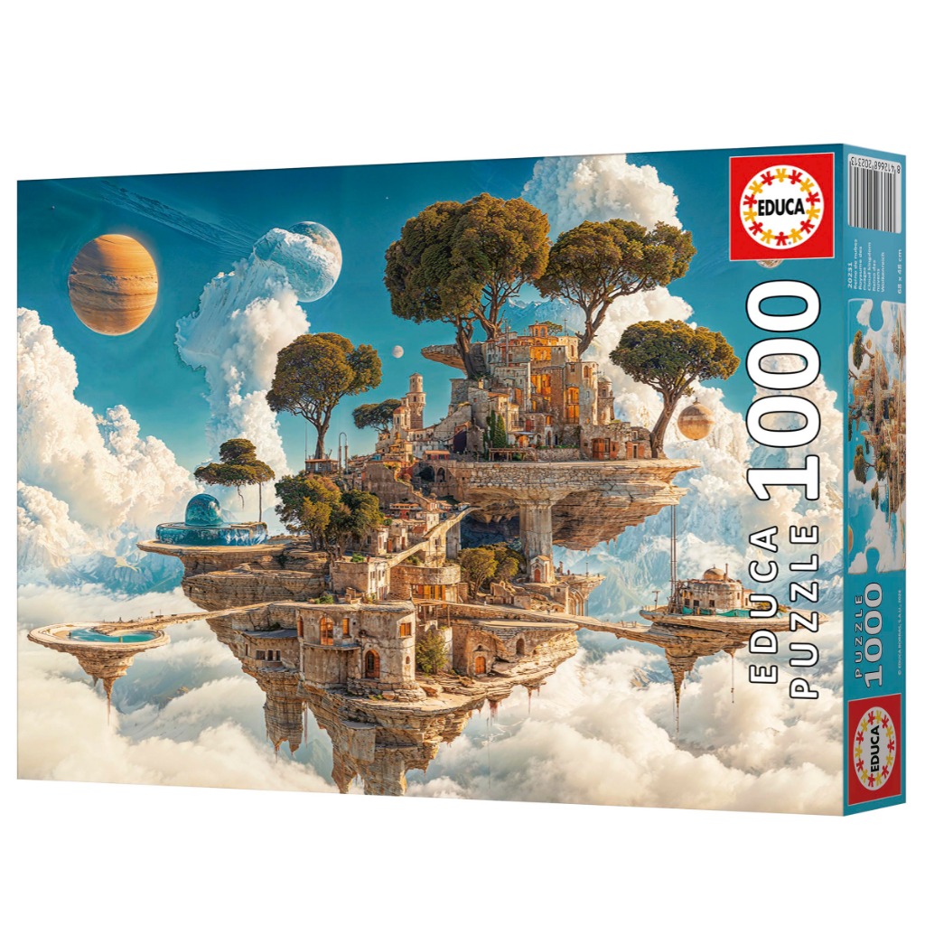 A surreal fantasy scene of a cliffside village floating in a cloud-filled sky with large planets in the background.