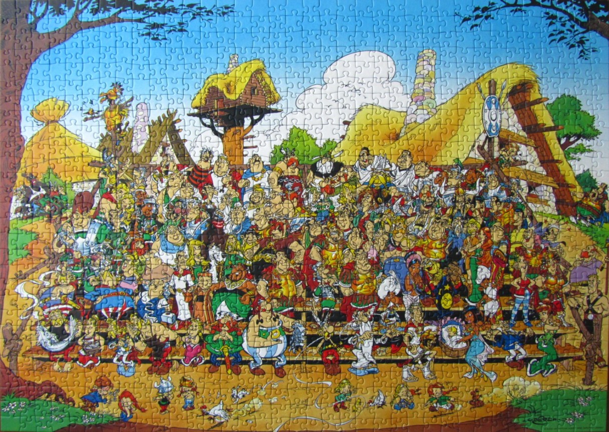 A crowded illustration of Asterix and Obelix characters gathered in a village square under a bright blue sky.