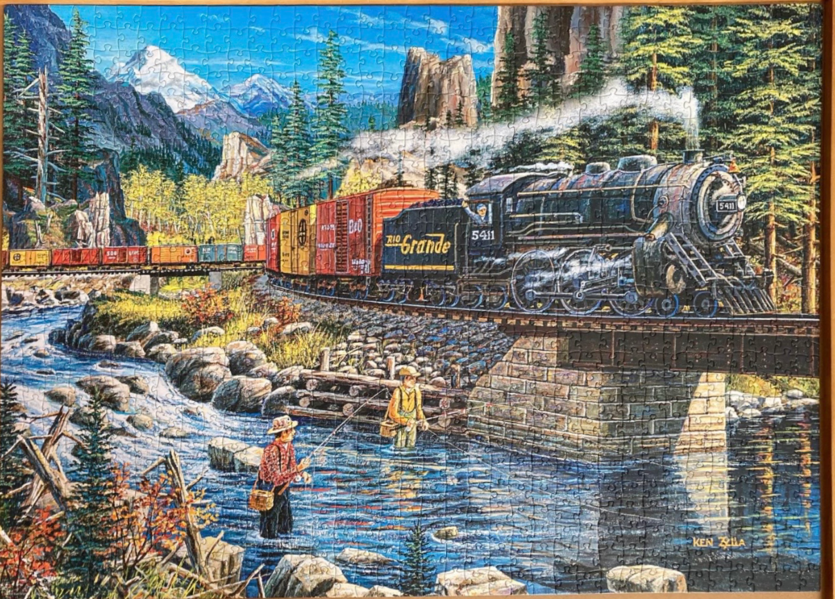 A steam locomotive crosses a mountain bridge above two fishermen in a river, depicted in a classic painting style.