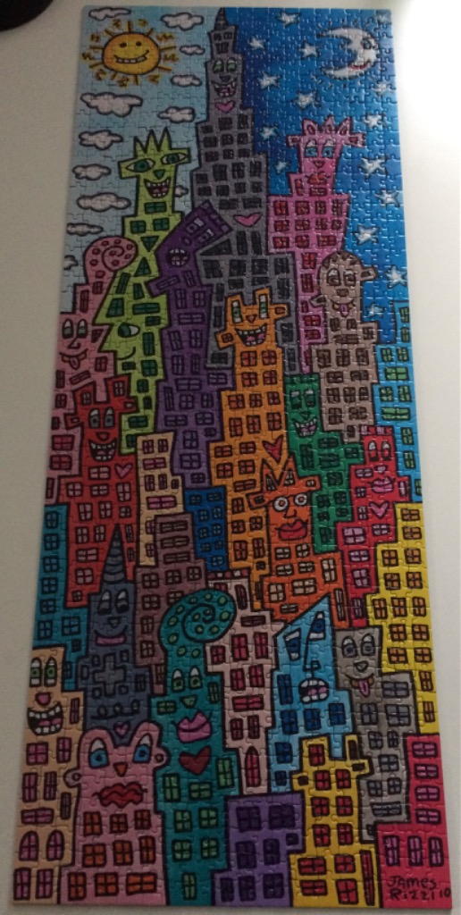 An illustration of a whimsical city skyline with anthropomorphic buildings under a sun and moon.