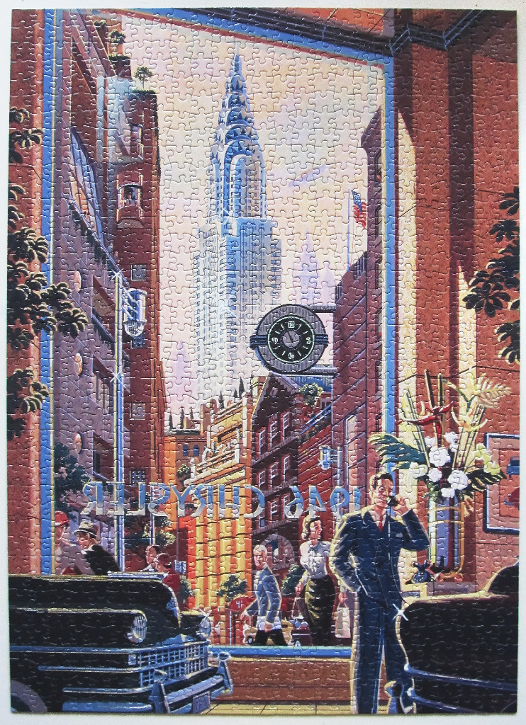 A view through a window onto a bustling 1940s street scene with the Chrysler Building in the background.