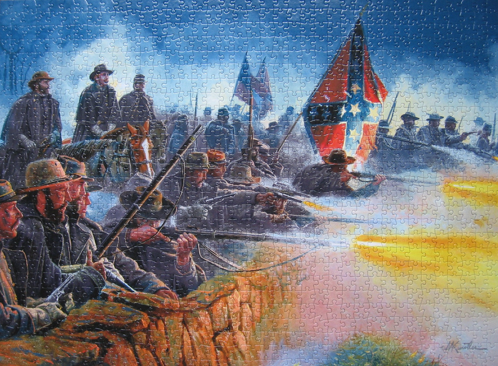 Historical painting of soldiers in grey uniforms firing rifles from behind a stone wall during the American Civil War.