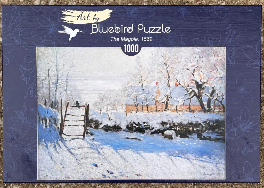 Impressionist oil painting of a lone magpie perched on a gate in a snowy winter landscape.