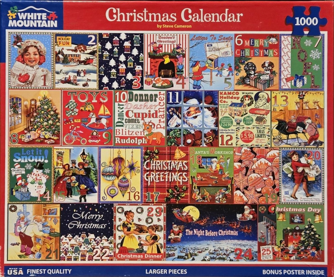 A collage of 25 vintage-style holiday illustrations arranged like an advent calendar.