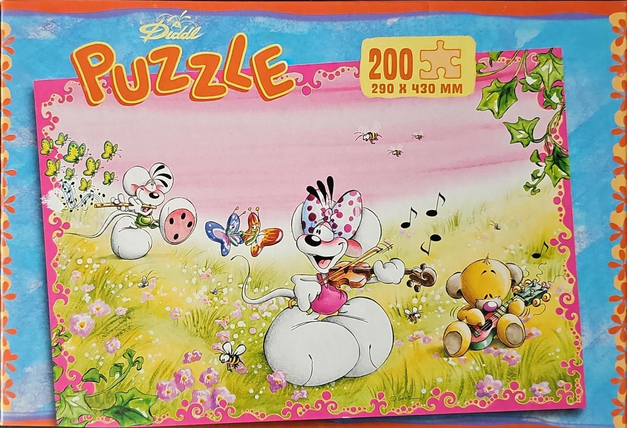 Cartoon characters Diddl and friends playing musical instruments in a sunny, flower-filled meadow.